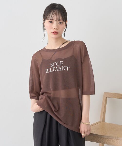 earth music&ecology(アースミュージックアンドエコロジー)の「ロゴ刺繍シアープルオーバー(Tシャツ/カットソー・レディース・チャコールグレー/ライトベージュ/ブラウン・FREE)」の1枚目の写真