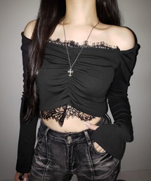 me+em select（ミームセレクト）の「【 ２color 】レースドッキングシャーリングショートカットソートップス  ／ lace docking shirring short cutsew tops（Tシャツ/カットソー・レディース）」