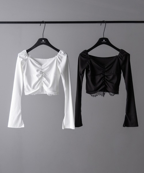 me+em select(ミームセレクト)の「【 2color 】レースドッキングシャーリングショートカットソートップス / lace docking shirring short cutsew tops(Tシャツ/カットソー・レディース・ブラック/ホワイト・FREE)」の3枚目の写真