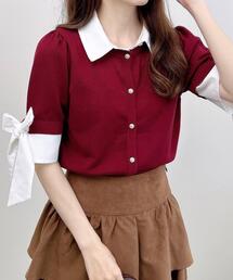 袖リボンシャツレイヤード風ニット