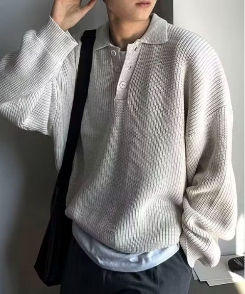 link lot（リンクロット）の「オーバーサイズポロ襟畔編みニット（ニット/セーター・メンズ・ホワイト/ベージュ/ブラック・M）」の9枚目の写真