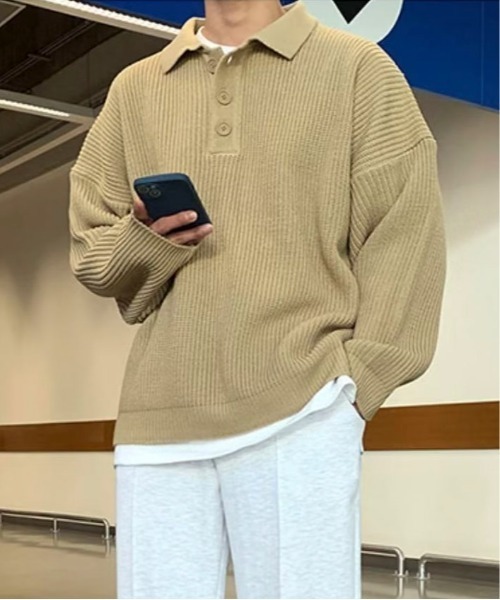 link lot（リンクロット）の「オーバーサイズポロ襟畔編みニット（ニット/セーター・メンズ・ホワイト/ベージュ/ブラック・M）」の19枚目の写真