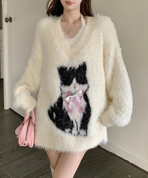【2点セット】キャット柄 Vネック シャギー ニット プルオーバー