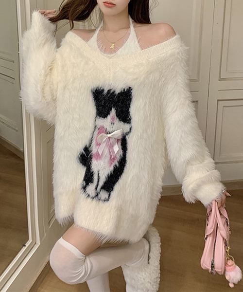 Lace Ladies(レースレディース)の「【2点セット】キャット柄 Vネック シャギー ニット プルオーバー(ニット/セーター・レディース・ホワイト・FREE)」の2枚目の写真