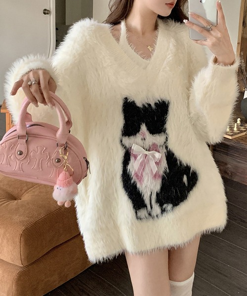 Lace Ladies(レースレディース)の「【2点セット】キャット柄 Vネック シャギー ニット プルオーバー(ニット/セーター・レディース・ホワイト・FREE)」の3枚目の写真