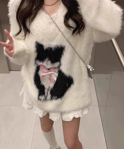 Lace Ladies(レースレディース)の「【2点セット】キャット柄 Vネック シャギー ニット プルオーバー(ニット/セーター・レディース・ホワイト・FREE)」の6枚目の写真