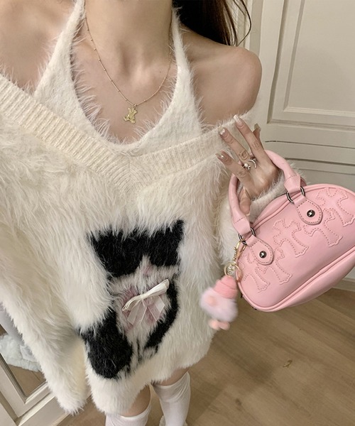 Lace Ladies(レースレディース)の「【2点セット】キャット柄 Vネック シャギー ニット プルオーバー(ニット/セーター・レディース・ホワイト・FREE)」の7枚目の写真