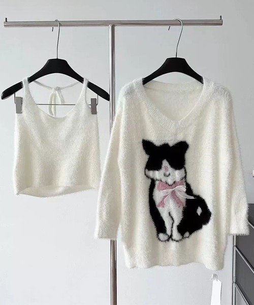 Lace Ladies(レースレディース)の「【2点セット】キャット柄 Vネック シャギー ニット プルオーバー(ニット/セーター・レディース・ホワイト・FREE)」の10枚目の写真
