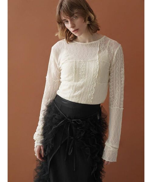 :ETHROF(イーサオブ)の「PATCHWORK LACE TOPS(Tシャツ/カットソー・レディース・オフホワイト/ブラック・FREE)」の1枚目の写真