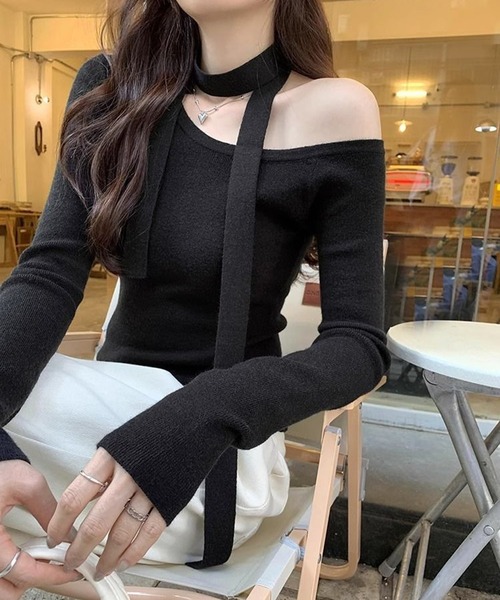 WESTSEA(ウエストシー)の「チョーカー付き オフショルダー 長袖 無地(Tシャツ/カットソー・レディース・グレー/オフホワイト/ブラック・L/M)」の11枚目の写真