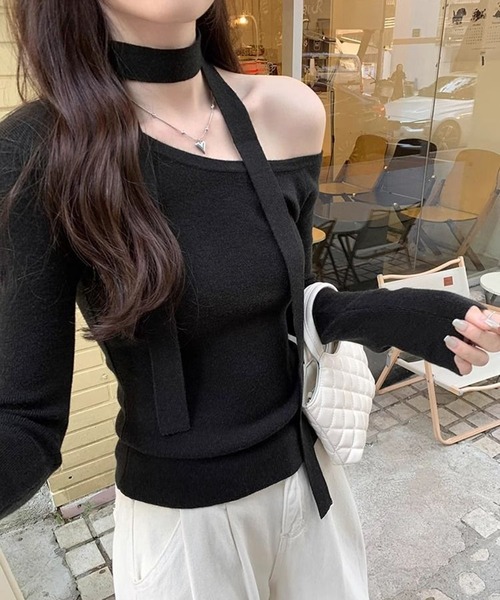 WESTSEA(ウエストシー)の「チョーカー付き オフショルダー 長袖 無地(Tシャツ/カットソー・レディース・グレー/オフホワイト/ブラック・L/M)」の12枚目の写真