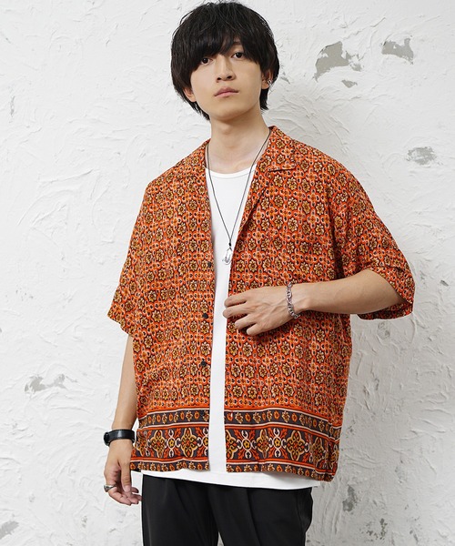 MinoriTY(マイノリティ)の「【MinoriTY】総柄オープンカラー半袖シャツ メンズ 夏服(シャツ/ブラウス・メンズ・ホワイト/ブラック系2/ブラック系3/ブラック系1/オレンジ・M/LL/L)」の16枚目の写真