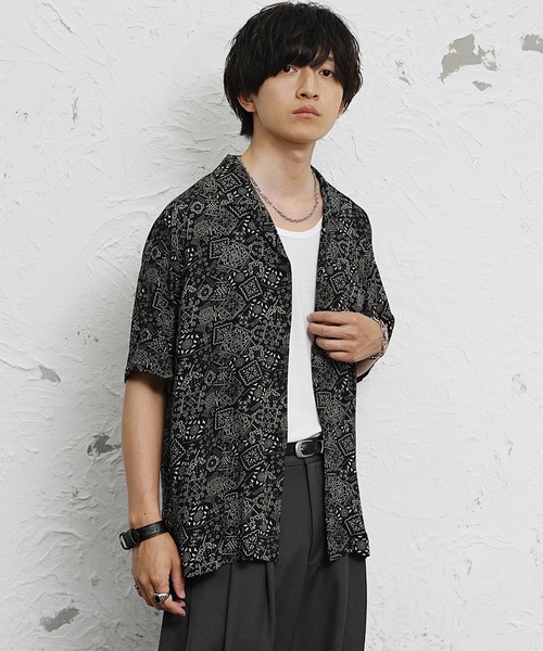 MinoriTY(マイノリティ)の「【MinoriTY】総柄オープンカラー半袖シャツ メンズ 夏服(シャツ/ブラウス・メンズ・ホワイト/ブラック系2/ブラック系3/ブラック系1/オレンジ・M/LL/L)」の10枚目の写真