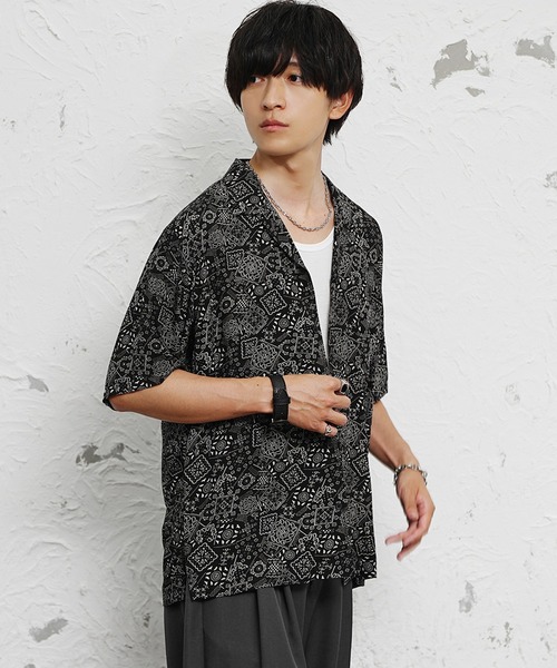 MinoriTY(マイノリティ)の「【MinoriTY】総柄オープンカラー半袖シャツ メンズ 夏服(シャツ/ブラウス・メンズ・ホワイト/ブラック系2/ブラック系3/ブラック系1/オレンジ・M/LL/L)」の11枚目の写真