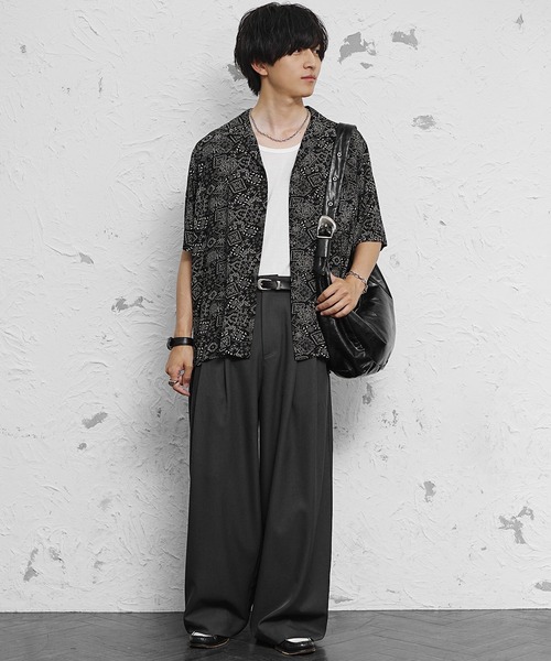 MinoriTY(マイノリティ)の「【MinoriTY】総柄オープンカラー半袖シャツ メンズ 夏服(シャツ/ブラウス・メンズ・ホワイト/ブラック系2/ブラック系3/ブラック系1/オレンジ・M/LL/L)」の12枚目の写真