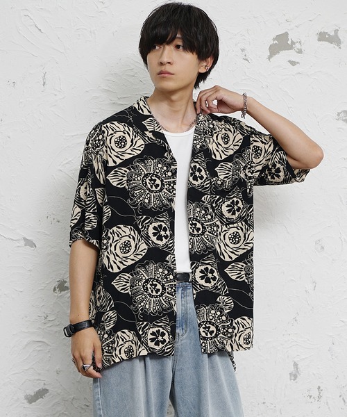 MinoriTY(マイノリティ)の「【MinoriTY】総柄オープンカラー半袖シャツ メンズ 夏服(シャツ/ブラウス・メンズ・ホワイト/ブラック系2/ブラック系3/ブラック系1/オレンジ・M/LL/L)」の7枚目の写真