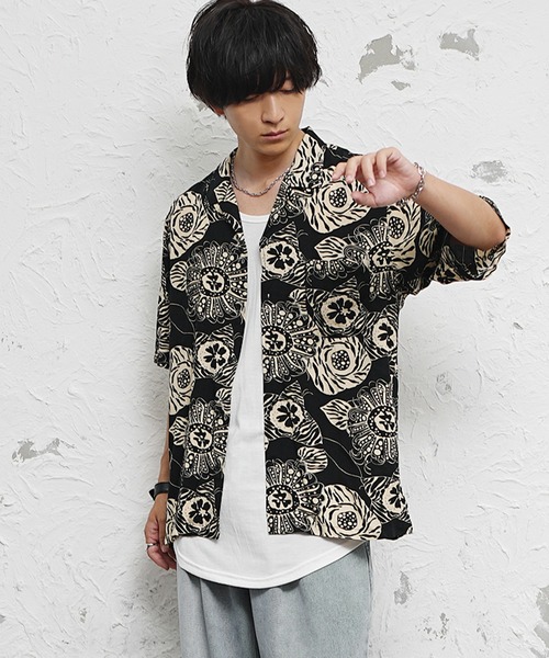 MinoriTY(マイノリティ)の「【MinoriTY】総柄オープンカラー半袖シャツ メンズ 夏服(シャツ/ブラウス・メンズ・ホワイト/ブラック系2/ブラック系3/ブラック系1/オレンジ・M/LL/L)」の8枚目の写真