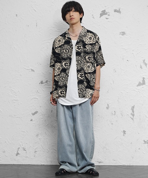 MinoriTY(マイノリティ)の「【MinoriTY】総柄オープンカラー半袖シャツ メンズ 夏服(シャツ/ブラウス・メンズ・ホワイト/ブラック系2/ブラック系3/ブラック系1/オレンジ・M/LL/L)」の9枚目の写真