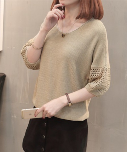 cammie（キャミー）の「透かし編みスリーブ切替ニット（ニット/セーター・レディース・ベージュ/ブラック/オフホワイト・F）」の8枚目の写真