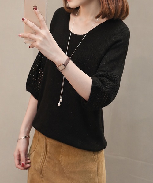 cammie（キャミー）の「透かし編みスリーブ切替ニット（ニット/セーター・レディース・ベージュ/ブラック/オフホワイト・F）」の13枚目の写真