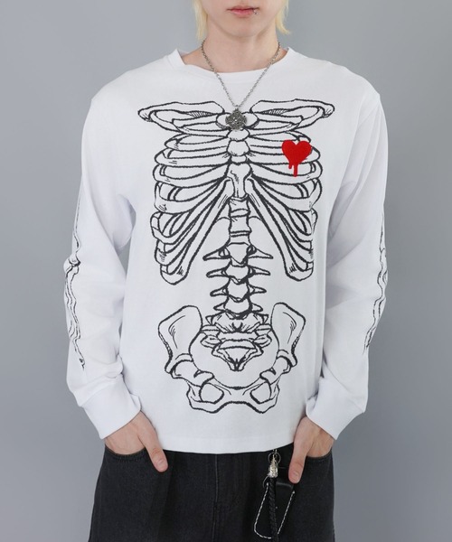 短丈ロングスリーブTシャツ/ボーン/骨プリント/ロンT/ショート丈（T
