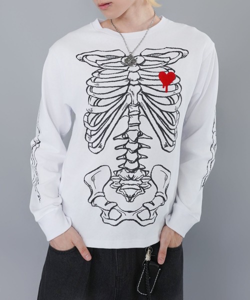 短丈ロングスリーブTシャツ/ボーン/骨プリント/ロンT/ショート丈（T