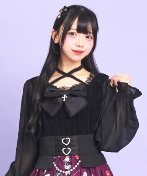 Secret Honey（シークレットハニー）の「クロスホルターリボントップス（Tシャツ/カットソー・レディース・ホワイト×ブラック/ブラック・FREE）」の2枚目の写真