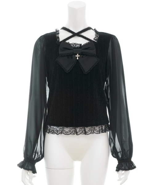 Secret Honey（シークレットハニー）の「クロスホルターリボントップス（Tシャツ/カットソー・レディース・ホワイト×ブラック/ブラック・FREE）」の10枚目の写真