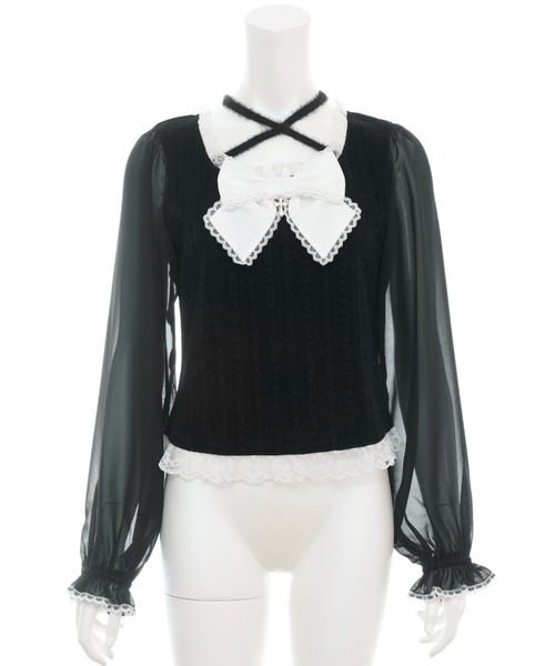 Secret Honey（シークレットハニー）の「クロスホルターリボントップス（Tシャツ/カットソー・レディース・ホワイト×ブラック/ブラック・FREE）」の7枚目の写真