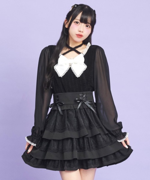 Secret Honey（シークレットハニー）の「クロスホルターリボントップス（Tシャツ/カットソー・レディース・ホワイト×ブラック/ブラック・FREE）」の3枚目の写真