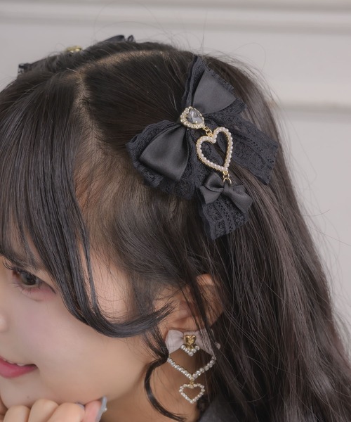 レースレイヤードダブルリボンクリップセット（バレッタ/ヘアクリップ