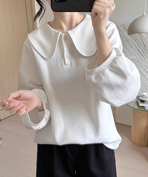ONEP STAR（ワンピスター）の「ラウンドカラーパフスリーブブラウス（シャツ/ブラウス・レディース・ホワイト/グリーン・MEDIUM）」の7枚目の写真