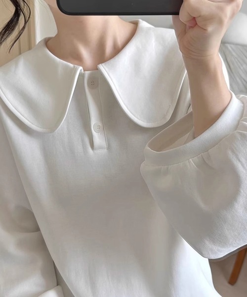 ONEP STAR（ワンピスター）の「ラウンドカラーパフスリーブブラウス（シャツ/ブラウス・レディース・ホワイト/グリーン・MEDIUM）」の6枚目の写真
