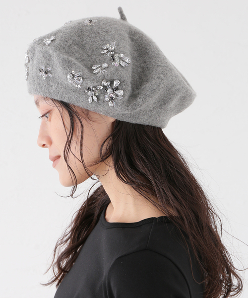 SLOBE IENA（スローブイエナ）の「LE CHAPEAU/レシャポウ SLOBE別注 ビジューベレー（ハンチング/ベレー帽・レディース・グレー・FREE）」の2枚目の写真