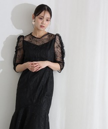 ミモレ丈&七分袖 フォーマル レイヤード チュール パフスリーブ 透け感 フレア セレモニー 結婚式 二次会 パーティー ドレス オケージョンドレス お呼ばれ 同窓会 成人式