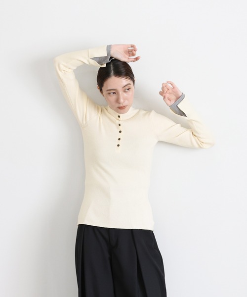 select MOCA（セレクトモカ）の「レイヤードスリーブヘンリーネックニット（ニット/セーター・レディース・アイボリー/チャコールグレー・FREE）」の12枚目の写真