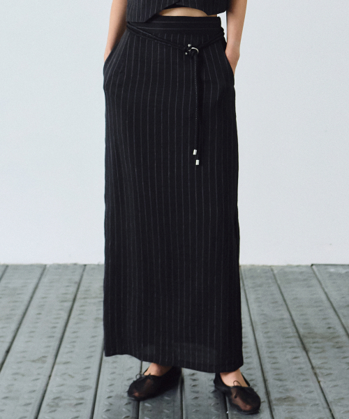 セール】STRIPE SLIT LINEN LONG SKIRT_BLACK（スカート