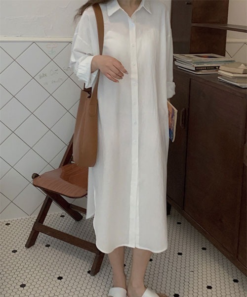 VIBGYOR Women（ヴィブジョー　ウィメン）の「【i-dare】ワッシャーシャツ ワンピース 【7色展開】（シャツワンピース・レディース・カーキ/オリーブ/ホワイト/ブラック/ピンク/ブラウン/ブルー・SMALL/LARGE/X-LARGE/MEDIUM）」の2枚目の写真