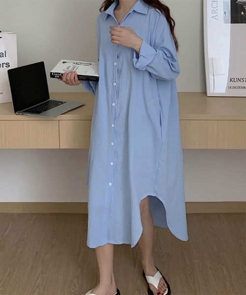 VIBGYOR Women（ヴィブジョー　ウィメン）の「【i-dare】ワッシャーシャツ ワンピース 【7色展開】（シャツワンピース・レディース・カーキ/オリーブ/ホワイト/ブラック/ピンク/ブラウン/ブルー・SMALL/LARGE/X-LARGE/MEDIUM）」の6枚目の写真