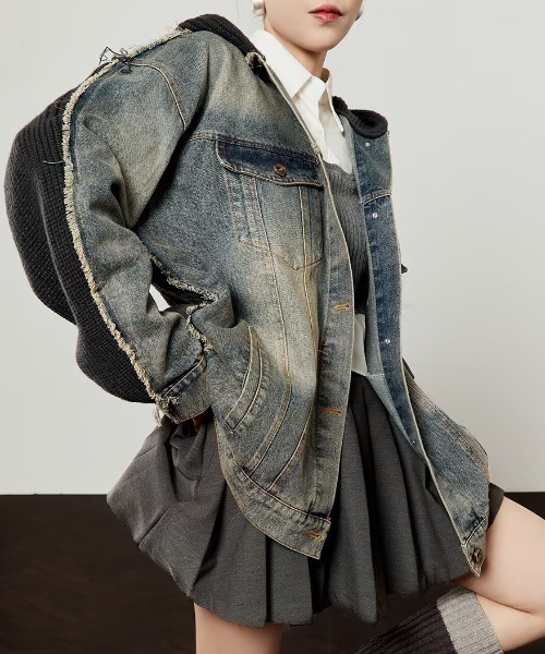 セール】【25秋冬新作】デニム×ニットドッキングジャケット／ヘビー