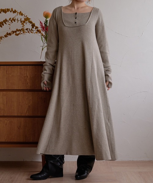 mideal(マイディール)の「lady knit onepiece / レディーニットワンピース(ワンピース・レディース・ベージュ/チャコールグレー・FREE)」の3枚目の写真
