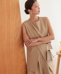 TOKYO OFFICA | 結婚式・お呼ばれ 卒業式・入学式 学校行事 対応 アシンメトリードレープ レイヤード風ノースリーブトップス ワイドパンツ セットアップ セレモニー オフィスカジュアル スーツ(スーツセット)