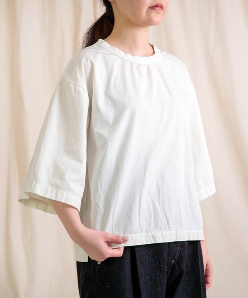 prit（プリット）の「[prit] サイロプレミアム天竺×ブロード切替 5分袖ビッグスリーブＴシャツ（Tシャツ/カットソー・レディース・オフホワイト/ブルー/ダークオリーブ/ブラック・FREE）」の8枚目の写真