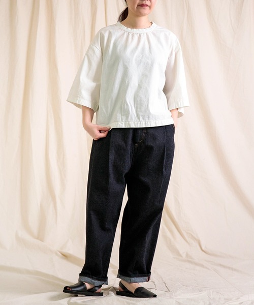 prit（プリット）の「[prit] サイロプレミアム天竺×ブロード切替 5分袖ビッグスリーブＴシャツ（Tシャツ/カットソー・レディース・オフホワイト/ブルー/ダークオリーブ/ブラック・FREE）」の9枚目の写真