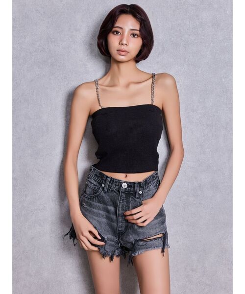 GYDA（ジェイダ）の「chainストラップラメテレコビスチェ（キャミソール・レディース・ブラック/オフホワイト・FREE）」の6枚目の写真