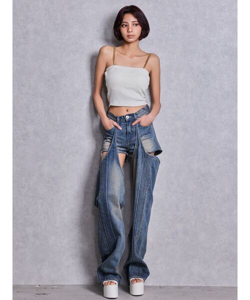 GYDA（ジェイダ）の「chainストラップラメテレコビスチェ（キャミソール・レディース・ブラック/オフホワイト・FREE）」の14枚目の写真