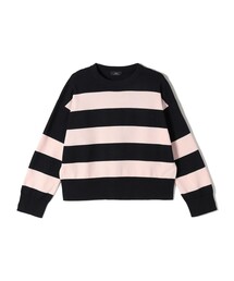 SHIPS Primary Navy Label:ガス コットン ワイド ボーダー クルーネック