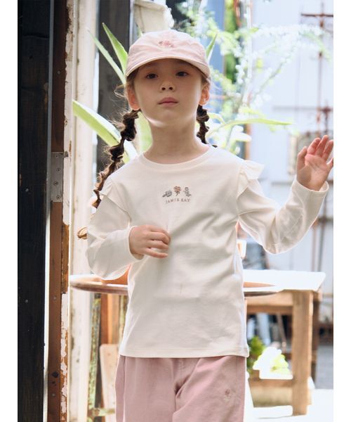 フラワー刺繍フリル長袖Tシャツ／オーガニックコットン