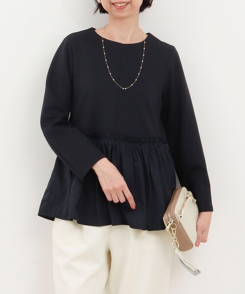 MICO COULIER（ミコクリエ）の「綿タッチダンボールニットブラウス（シャツ/ブラウス・レディース・キナリ/ネイビー・38）」の4枚目の写真