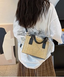 【お気に入り数1900人突破!】スクエアフォルム レザーハンドル 巾着付きカゴバッグ